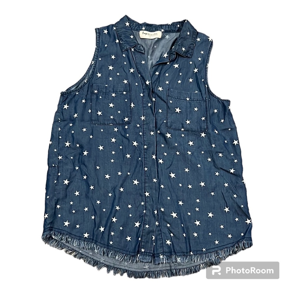 Shop Impressions Size Small Blue Denim Blouse with White Stars, Fringe Hem